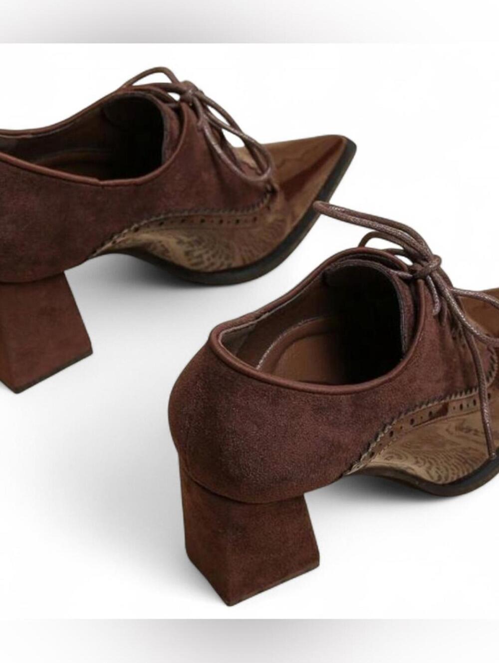 NIB EURO |SZ 40 US 8| Vintage Brown Leather Chunky Oxford Pointed Toe Heel Shoes - Picture 3 of 6